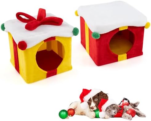 PETSITE Christmas-Themed Gift Box-Shaped Cat House, Stackable 2-Piece Indoor Cat Caves for Kittens, Colorful 2-Story Cat Hideaway Cat Bed for Indoor Cats by PETSITE
