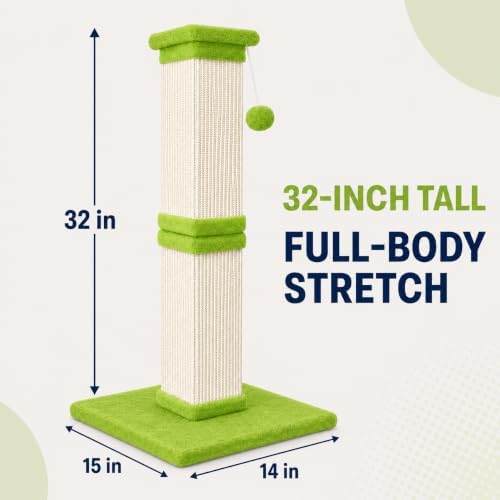 Vertical Cat Scratching Post for Indoor Cats, Sisal Scratch Tower with Soft Plush Base & Dangling Pom Ball, 32'' Tall Cat Scratcher Column for Kittens and Adult Cats, Furniture Protection, Green - Image 2