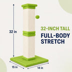 Vertical Cat Scratching Post for Indoor Cats, Sisal Scratch Tower with Soft Plush Base & Dangling Pom Ball, 32'' Tall Cat Scratcher Column for Kittens and Adult Cats, Furniture Protection, Green - Image 2