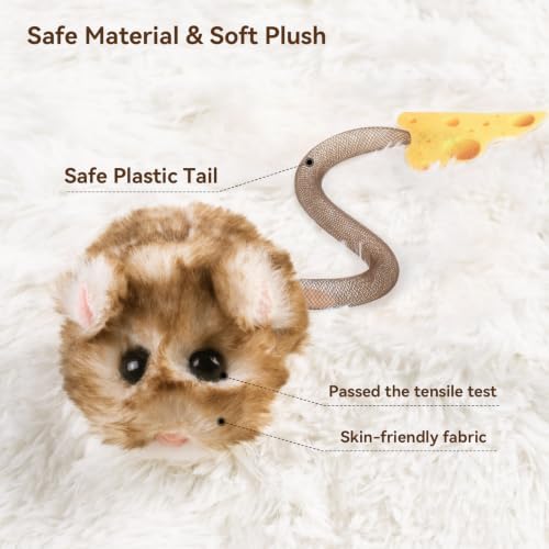 Migipaws Interactive MigiMouse Cat Toy 360° Rolling & Spin with Mesh Plastic Tail for Indoor Cats Smart Motion Sensor, Realistic Squeak, Rechargeable Plush Kitten Toy(Brown Long) - Image 5