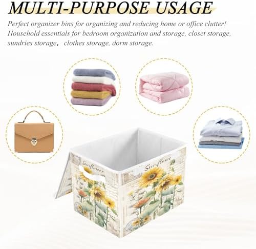 Bolaz Storage Bins with Lids and Handles,Sunflower Stamp Storage Box Basket with Cover Collapsible Organizer Containers for Home Closet, Shelves - Image 7
