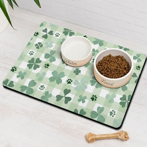 St Patricks Day Dog Food & Water Mat, Green Shamrocks Paw Prints Clover Pet Feeding Mat for Floor Non-Slip Waterproof, Super Absorbent Cat Bowl Mat, Easy to Clean Pet Placemat,16" × 24" by Stunnoosy