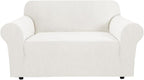 H.VERSAILTEX Stretch Couch Cover Loveseat Covers for 2 Cushion Couch Sofa Slipcover for Love Seat 1 Piece with Elastic Bottom, Checked Jacquard Fabric(Loveseat 58"-70" Wide, Porcelain White)