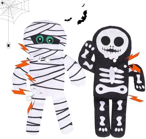 PAWCHIE Halloween Squeaky Dog Toys 2 Pcs for Small Medium Dogs,No Stuffing Crinkle Puppy Toy,Soft Pet Plush Teething Toys Mess-Free Interactive Chew Toy for Boredom Ideal, Skeleton & Mummy by PAWCHIE