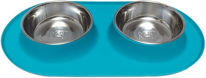 Messy Mutts Double Silicone Dog Feeder, Stainless Bowls, Large, Blue | Non-Slip Silicone Double Dog Feeder With Two Removable Stainless Steel Bowls For Food And Water
