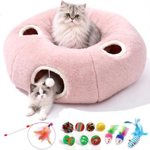 Cat Tunnel Bed with 11 Cat Toys for Indoor Cats, Pink Plush 4-Entrance - Image 2