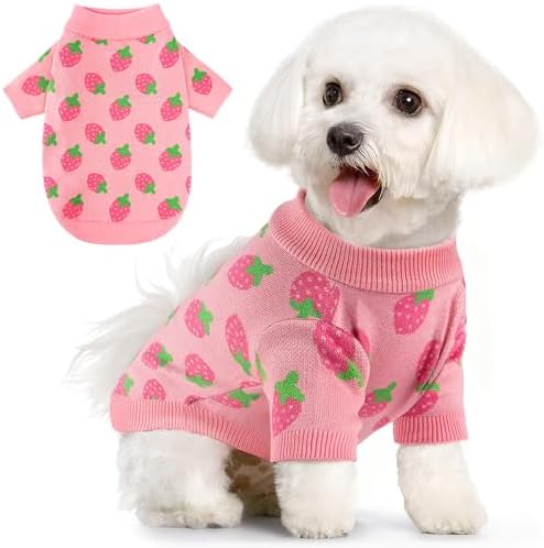 Dog Sweater Cute Strawberry Dog Clothes Pullover Knitted Sweaters for Small Medium Dogs Cats Girl Thick Warm Puppy Clothes for Chihuahua Yorkie Bulldog Cold Weather Pet Outfits by BAOBICUTE