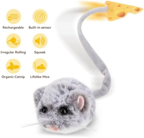 Migipaws Interactive MigiMouse Cat Toy 360° Rolling & Spin with Wiggling Tail for Indoor Cats Smart Motion Sensor, Realistic Squeak, Rechargeable Plush Kitten Toy(Grey Long) - Image 4