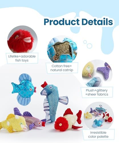 Nocciola Catnip Toys, 5 Pack Cat Toys for Indoor Cats with 100% Natural Catnip, Cotton-Free Kitten Toys in Assorted Colors, Soft Surface, Teething, Chewing & Kicker Floppy Fish Cat Toys - Image 4