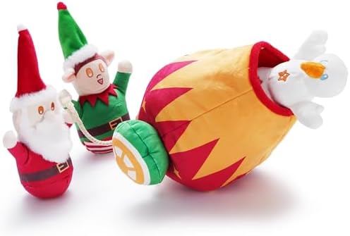 Nocciola Christmas Squeaky Dog Toys 4PCS, Interactive Hide and Seek Dog Toys Christmas Theme- Santa/Snowman/Elf in Cannon Toys Plush, Crinkle Dog Chew Toys for Large Medium Small Dogs by Nocciola