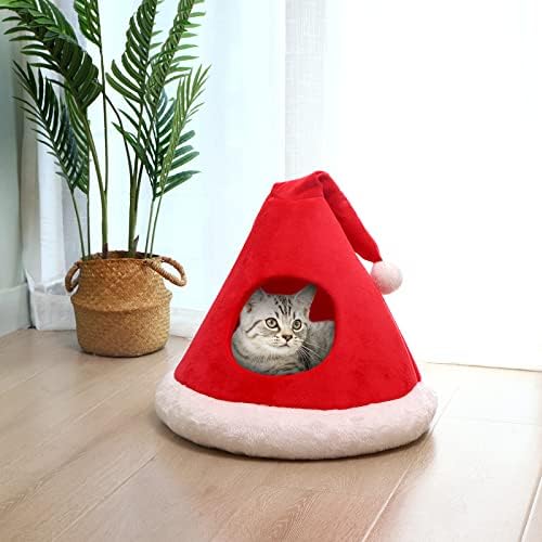 NIBESSER Cat Bed Christmas Hat Cat Tent House Self-Warming 2 in 1 Removable Comfortable Triangle Pet Teepee Xmas Dog Cave in Winter (Red) by NIBESSER