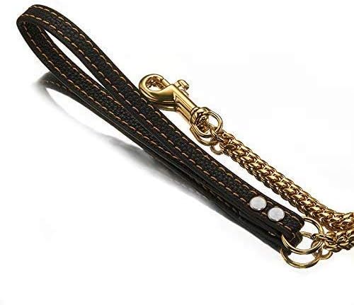 Strong Dog Chain Gold Leash Long 3FT 4FT 5FT 18K Stainless Steel 12mm Curb Cuban Link Dog Leash with Comfortable Genuine Leather Handle(Gold, 3FT)