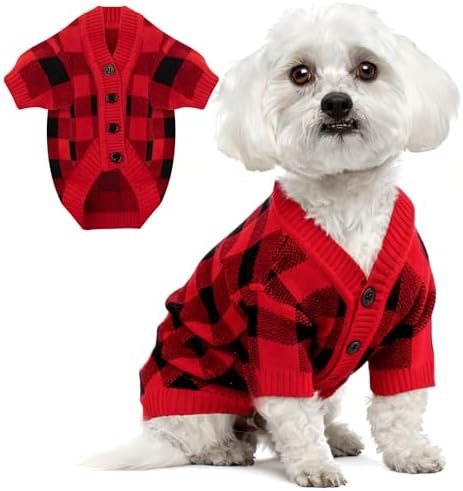 Dog Christmas Sweater Red Plaid Cardigans Dog Christmas Outfit Soft Warm Knitted Pet Clothes Cold Weather Puppy Clothes for Small Medium Large Dogs Cats by BAOBICUTE