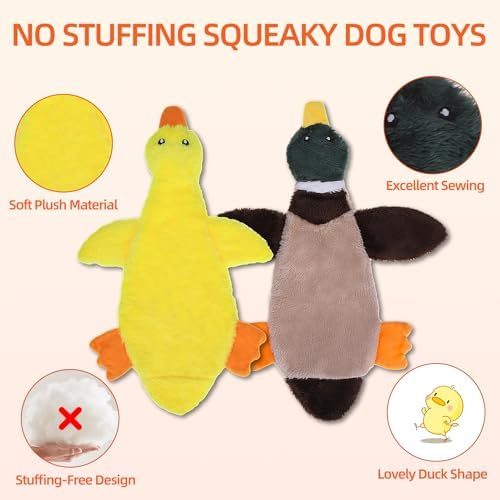 PAWCHIE Squeaky Dog Toys for Small Medium Large Dogs, No Stuffing Crinkle Puppy Toy,Soft Pet Plush Teething Toys 2 Pcs Mess-Free Interactive Chew Toy for Boredom Best Birthday Gift, Yellow & Wild Duck - Image 3