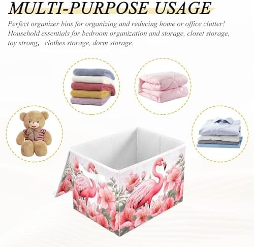 Bolaz Storage Bins with Lids and Handles,Pink Flamingo Storage Box Storage Basket with Cover Collapsible Organizer Containers for Home Closet, Shelves - Image 7