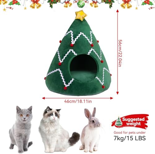 NIBESSER Cat Bed Christmas Tree Cat Tent House Self-Warming 2 in 1 Removable Comfortable Triangle Pet Teepee Xmas Dog Cave in Winter(Green/White) - Image 5