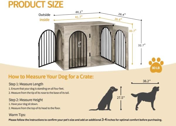 Hzuaneri 44.1" Wooden Dog Crate Furniture, Indoor Dog Kennel Dogs Cage for Small/Medium/Large Dogs, Heavy Duty Dog Crates Decorative Pet House End Side Table TV Stand, Greige Black DFC83905B
