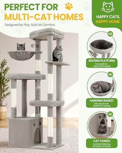 67in Cat Tree Tower for Indoor Cats, Multi-Level Light Grey - Image 6