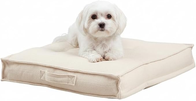 Indoor Dog Bed with Removable Washable Cover, Soft Basketweave Fabric, Reversible Cushion, Carry Handle, Baffle Construction to Help Prevent Fill Shifting, Cream - Small (24"x24")