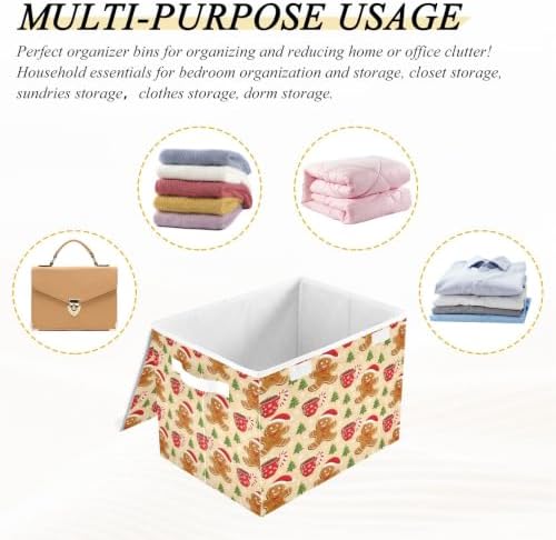 Bolaz Gingerbread Man Holiday Pattern with Christmas Trees and Mugs Storage Bins with Lids and Handles, Storage Box Basket with Cover Collapsible Organizer Containers for Home Closet, Shelves - Image 7