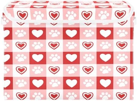 Bolaz Red Checkboard Dog Footprint Hearts Pattern Storage Bins with Lids and Handles, Foldable Storage Box Storage Basket with Cover Collapsible Organizer Containers for Home Closet, Shelves - Image 2