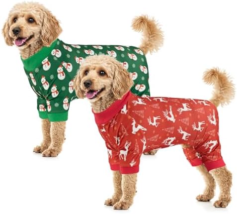 2-Pack Christmas Dog Pajamas Xmas Pet Pjs with Snowman Elk Patterns Christmas Dog Onesie Jumpsuits Jammies Clothes Stretchy Shirts Comfy Outfit Costume Apparel for Small Medium Large Dogs L by Vehomy