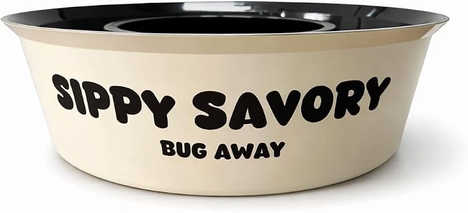Ant Proof Dog Bowl & Cat Bowl with Water Moat by Sippy Savory® - Bug Proof Pet Feeding Bowl, BPA-Free Non-Slip Food Bowl for Indoor & Outdoor Dogs and Cats, Dishwasher Safe, Beige and Black.