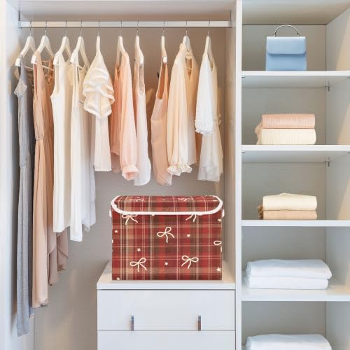 Bolaz Checked Bow Storage Bins with Lids and Handles, Storage Box Basket with Cover Collapsible Organizer Containers for Home Closet, Shelves - Image 6