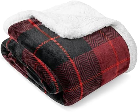 PAVILIA Plaid Sherpa Throw Blanket for Couch Sofa Bed, Black Red, 50x60 by PAVILIA
