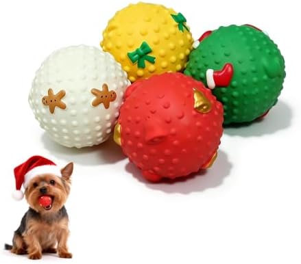 Christmas Dog Balls, 4 Pack Latex Squeaky Dog Ball Toys, 2“ Colorful Xmas Interactive Toys for Puppy & Small Dogs, Soft Dog Chew Toys for Christmas Holiday Dog Gift by KrauzPet