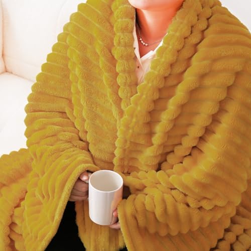 Mustard Yellow Fleece Throw Blanket 50”×60” for Couch Sofa Livingroom - Image 3