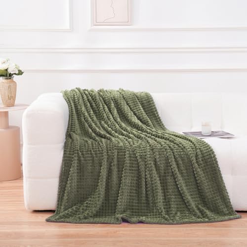 Puncuntex Fleece Throw Blanket Olive Green 60"×80" with Square Grid Design - Image 2