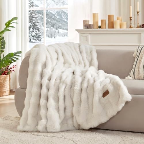 COZY KISS Faux Fur Throw Blanket, Dog Blanket for Couch, 50"x60", Cream by COZYKISS