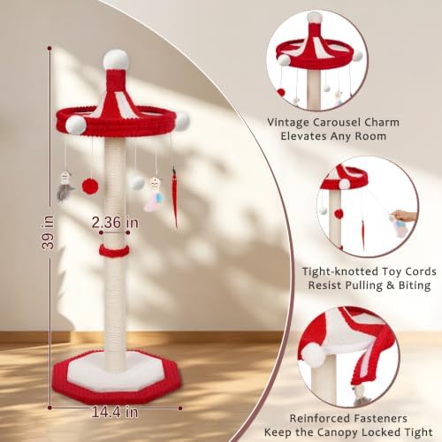 Carousel Cat Scratching Post, 39" Tall Cat Scratcher with Hanging Cat Toys - Image 6