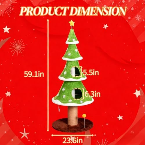59 Inches Cat Christmas Tree with 2 Houses, Cat Tree Tower for Christmas, Kitty Friendly Christmas Tree with Sisal Scratching Post & Toy Ball, Tower for Indoor Cat – Green & White - Image 4