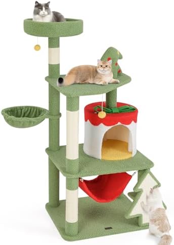 PETSITE 52 inch Cat Christmas Tree, Multi-Level Cat Tower with Sisal Scratching Posts & Board, Cat Condo, Basket Bed, and Detachable Hammock, Cute Cat Tree for Indoor Cats by PETSITE