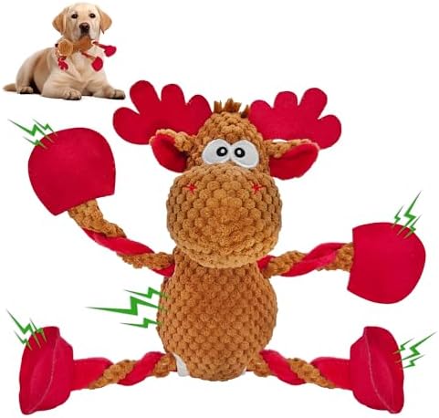 Christmas Squeaky Dog Toys, Stuffed Large Dog Toys to Keep Them Busy, Interactive Plush Chew Toys with Crinkle Paper, Tough Pet Animal Toys for Small Medium Large Dogs (Red Elk) by Unknown