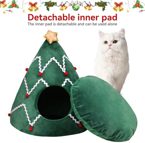 NIBESSER Cat Bed Christmas Tree Cat Tent House Self-Warming 2 in 1 Removable Comfortable Triangle Pet Teepee Xmas Dog Cave in Winter(Green/White) - Image 4