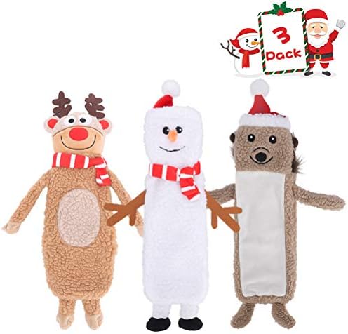 SCENEREAL Stuffless Christmas Squeaky Dog Toys for Small Medium Large Dogs, Plush Tough Pet Chew Toy, Durable No Stuffed Puppy Teething Toys for Boredom and Stimulating (Elk & Hedgehog & Snowman) by SCENEREAL