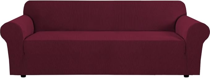 H.VERSAILTEX Stretch Couch Covers for Sofa 1 Piece Slipcovers for Couches 3 Seater Couch Cover Feature Thick Checked Jacquard Fabric with Elastic Bottom(Large Sofa 90"-100" Wide, Burgundy Red)