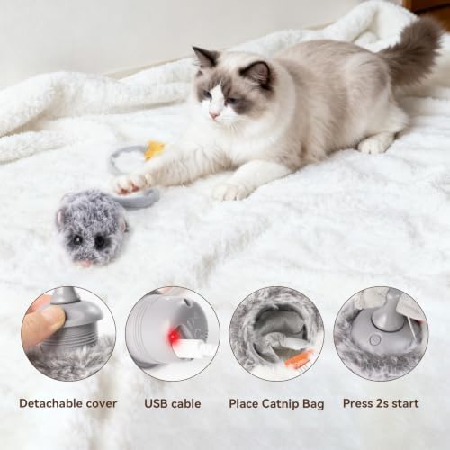 Migipaws Interactive MigiMouse Cat Toy 360° Rolling & Spin with Wiggling Tail for Indoor Cats Smart Motion Sensor, Realistic Squeak, Rechargeable Plush Kitten Toy(Grey Long) - Image 6