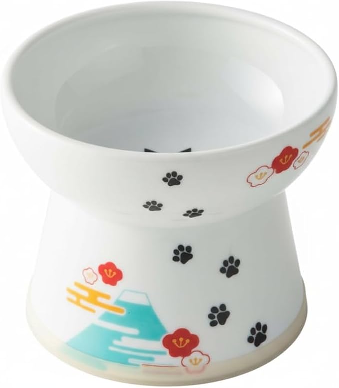 Necoichi Ceramic Raised Cat Food Bowl, Whisker-Friendly (Fuji, Large Flat)