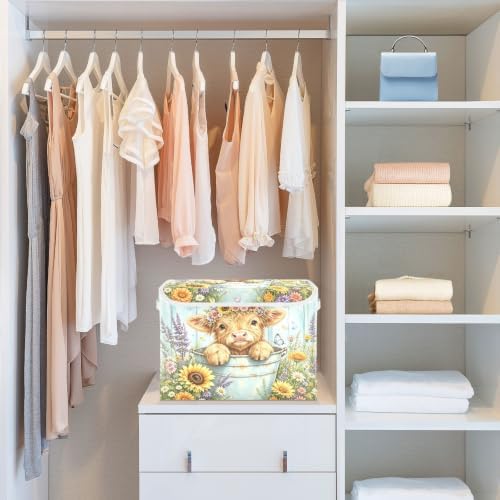 Bolaz Sunflower Heights Cattle Storage Bins with Lids and Handles, Storage Box Basket with Cover Collapsible Organizer Containers for Home Closet, Shelves - Image 6