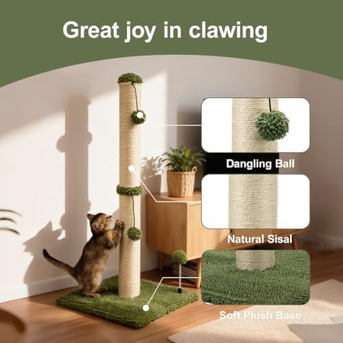 MECOOL 34“ Tall Cat Scratching Post Premium Basics Kitten Scratcher Sisal Scratch Posts Trees with Hanging Ball for Indoor Cats (34 inches for Adult Cats, Cactus Green) - Image 2
