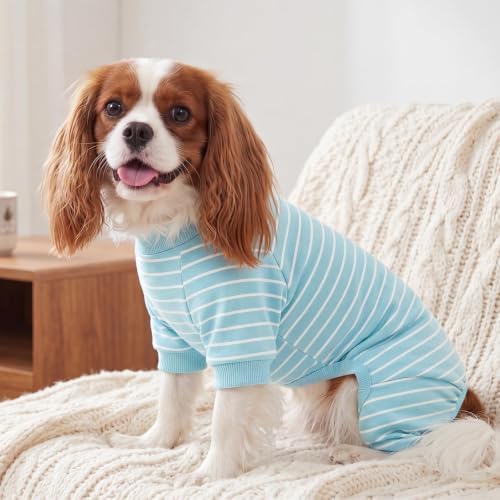XPUDAC 4 Pack Dog Pajamas Striped Dog Clothes for Small Medium Dogs Girl Boy Comfy Puppy Outfit Doggy Jammies Onesie Pet Costume, Blue, Grey, Green, XL - Image 3