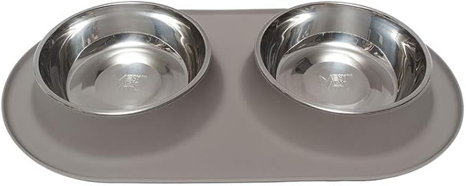 Messy Mutts Double Silicone Dog Feeder, Stainless Bowls, Extra-Large, Grey | Non-Slip Silicone Double Dog Feeder With Two Removable Stainless Steel Bowls For Food And Water