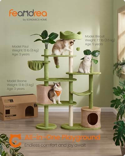 Feandrea Cat Tree, 68.1-Inch Multi-Level Plush Cat Tower, Artificial Leaves - Image 2