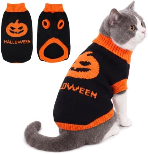 PUMYPOREITY Halloween Cat Sweater for Cats Only, Pumpkin Ghost Knit Sweater by PUMYPOREITY