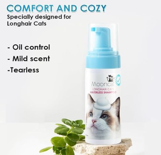 Mooncat Long Hair Cat Shampoo & Grooming Brush Set — Waterless, No Rinse | No bathtub needed, Mousse loosens dirt, Brush removes fur & dander, Detangles mats, Fresh scent, Kitten safe 8+ weeks