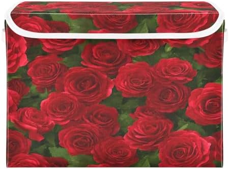Bolaz Red Rose Leaves Pattern Storage Bins with Lids and Handles, Foldable Storage Box Storage Basket with Cover Collapsible Organizer Containers for Home Closet, Shelves - Image 2